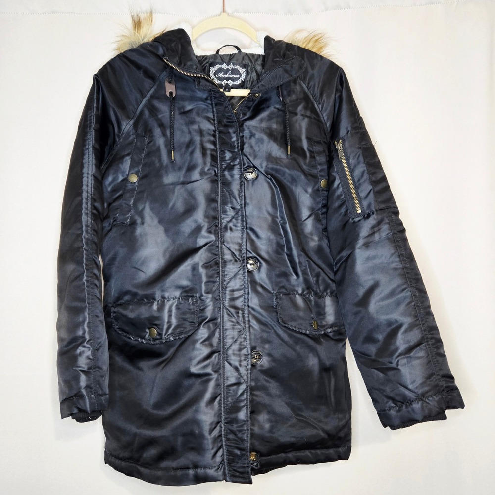 Ambiance Black Faux Fur Hooded Bomber Jacket Womens‎ Small Winter Coat Size S